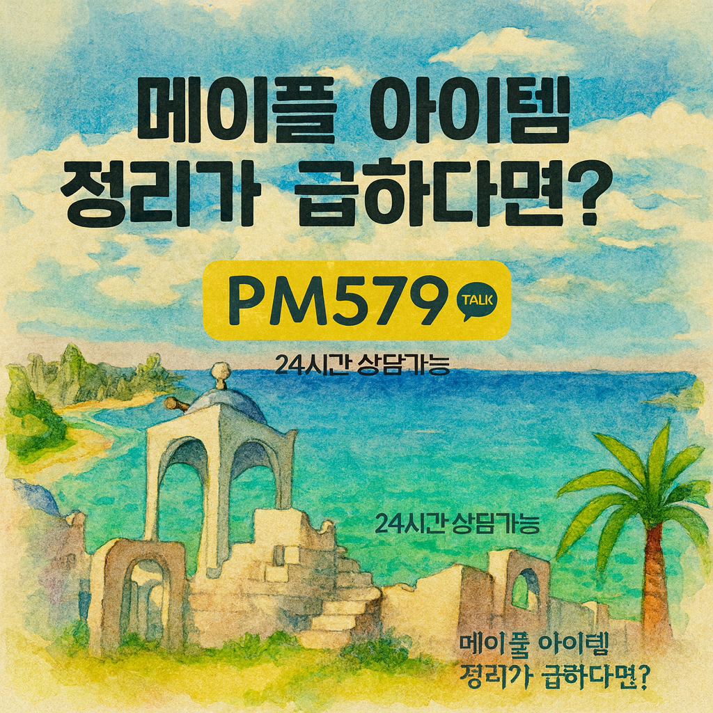 메이플스토리 아이템 급처 및 템 정리 서비스를 안내하는 홍보 이미지. 시세 하락 전에 아이템을 빠르게 정리할 수 있다는 메시지를 강조한 그래픽