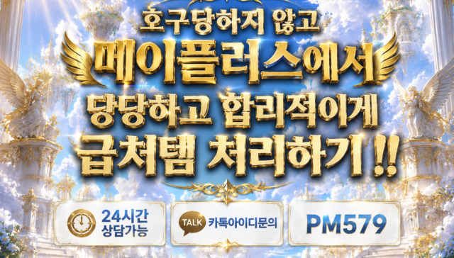 귀엽고 정갈한 투디 만화 스타일의 브랜드 홍보용 포스터 일러스트레이션으로, 메이플스토리 캐릭터가 혐사꾼의 방해를 물리치고 메이플러스의 안전한 서비스를 선택하여 밝게 웃으며 장비를 들어 올리는 모습.